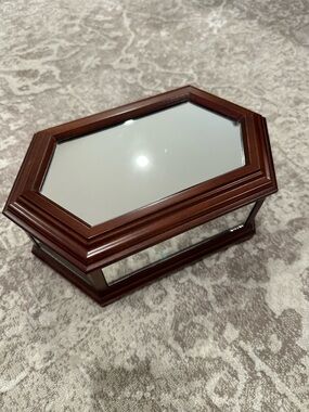 Octagonal Mirror Top Jewelry Box - Dark Wood Finish
